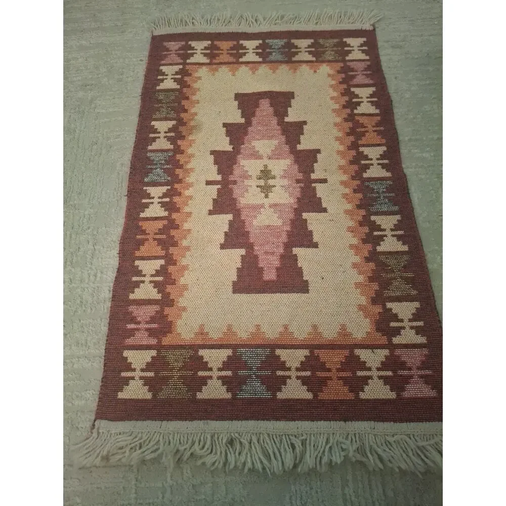 Vintage Southwestern Small Rug, Mat, Woven - 40” x 22x With Fringe